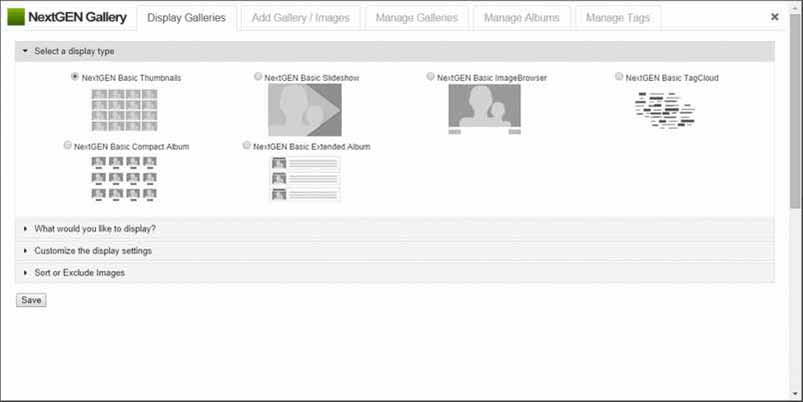 Image of the NextGen Gallery interface in the TinyMCE editor