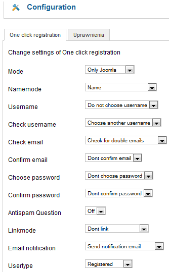 one click registration parametrs