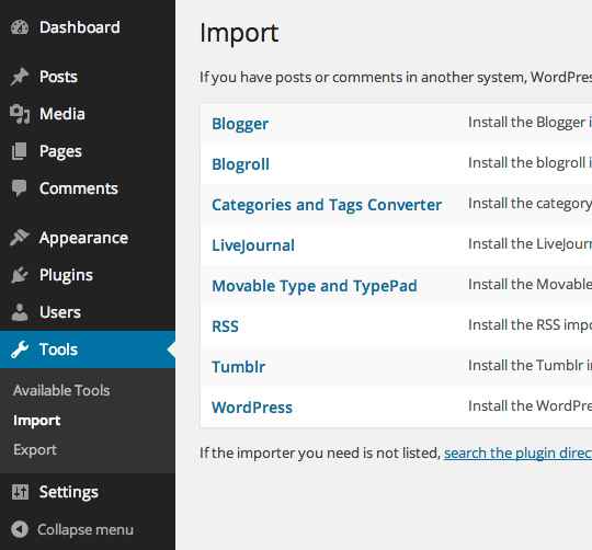 Selecting the WordPress importer tool in the menu