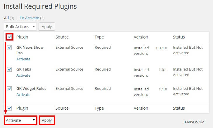 activating required plugins in the technews theme for wordpress