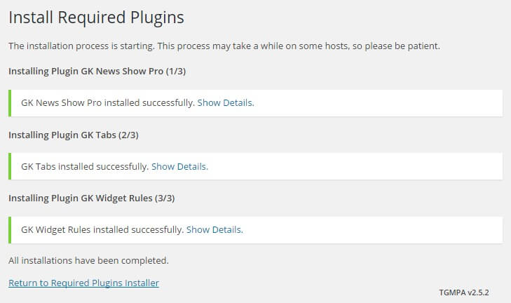 Successful bulk install of the required plugins in the technews wordpress theme
